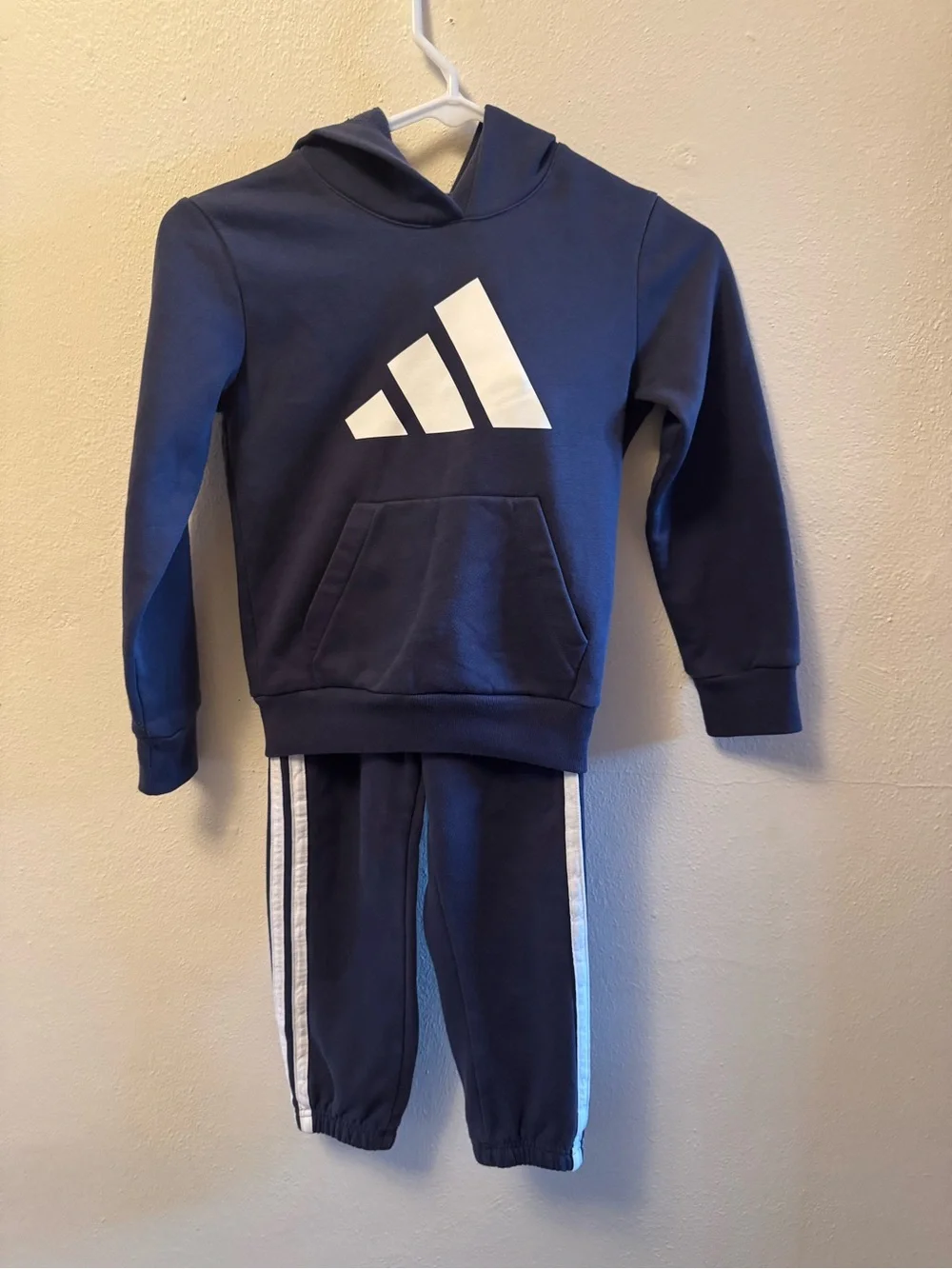 adidas Unisex Kids Navy Blue 2pc Fleece Tracksuit Hoodie Joggers Set Size Size 6
